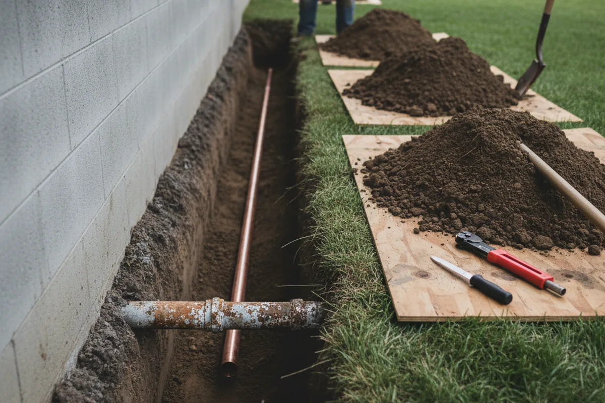 Excavated water line trench during Sewer Line Repair in Blue Mound